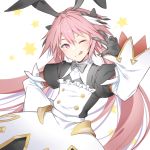  1boy absurdres astolfo_(fate) astolfo_(saber)_(fate) bangs black_bow black_gloves black_ribbon blush bow bowtie commentary_request fate/grand_order fate_(series) gloves hair_bow hair_intakes hair_ribbon highres long_hair long_sleeves looking_at_viewer multicolored_hair nemuko_ofuton one_eye_closed otoko_no_ko pink_hair ribbon simple_background smile solo star streaked_hair tongue tongue_out twintails violet_eyes w white_background white_hair 