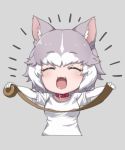  1girl ^_^ ^o^ ahoge animal_ears blush breasts chibi closed_eyes collar collarbone dog_(mixed_breed)_(kemono_friends) dog_ears elbow_gloves eyebrows_visible_through_hair facing_viewer fang gloves grey_hair kemono_friends medium_breasts multicolored_hair nyifu open_mouth shirt short_hair short_sleeves smile solo tape white_gloves white_hair white_shirt 