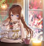 1girl bangs blue_eyes blush braid breasts brown_hair choker cup detached_sleeves elbow_rest frills glint granblue_fantasy indoors large_breasts lecia_(granblue_fantasy) long_hair looking_at_viewer myusha open_mouth red_nails sidelocks sitting solo window 