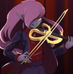  1boy black_jacket cadence_of_hyrule cowboy_shot formal gem hair_over_one_eye instrument jacket long_hair looking_at_viewer lore male_focus music octavo open_mouth playing_instrument pointy_ears purple_hair purple_skin red_shirt shirt smile violin yellow_eyes 