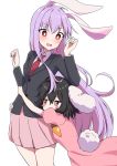  2girls animal_ears arms_up black_hair blush blush_stickers bright_pupils bunny_tail carrot_necklace commentary_request cowboy_shot dress dress_shirt eyebrows_visible_through_hair glomp hand_on_another&#039;s_hip hand_on_another&#039;s_waist highres hug hug_from_behind inaba_tewi lavender_hair leaning_forward leaning_on_person long_hair long_sleeves looking_at_another looking_down multiple_girls necktie open_mouth pink_dress pink_skirt pleated_skirt puffy_short_sleeves puffy_sleeves rabbit_ears red_eyes red_neckwear reisen_udongein_inaba shirt short_hair short_sleeves simple_background skirt standing suit_jacket tail touhou tsukimirin very_long_hair white_background white_pupils white_shirt 
