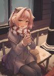  1boy absurdres astolfo_(fate) bangs bench black_legwear black_ribbon braid brown_gloves commentary_request eyebrows_visible_through_hair fang fate/grand_order fate_(series) gloves hair_between_eyes hair_ornament hair_ribbon highres holding jacket jtleeklm long_hair pantyhose pink_hair red_scarf ribbon scarf sitting skin_fang smile snow solo striped striped_scarf white_scarf 