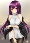  1girl :/ arm_under_breasts breasts commentary_request fate/grand_order fate_(series) hair_intakes highres large_breasts light_blush long_hair looking_at_viewer pantyhose purple_hair red_eyes ribbed_sweater scathach_(fate)_(all) scathach_(fate/grand_order) shawl simple_background sleeveless solo sweater taruton_(konritu0821) turtleneck turtleneck_sweater 