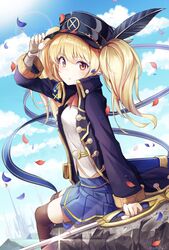  1girl absurdres apple_ringo armband black_headwear blonde_hair blue_jacket blue_skirt blue_sky brown_legwear clouds cutlass_(sword) feathers frown hand_on_headwear hat highres holding holding_sword holding_weapon jacket long_hair long_sleeves looking_at_viewer looking_to_the_side miniskirt monica_weisswind open_clothes open_jacket orange_eyes peaked_cap petals pleated_skirt princess_connect! shirt sitting skirt sky solo sword thigh-highs twintails weapon white_shirt wing_collar zettai_ryouiki 