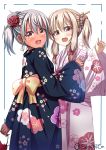  2girls :d absurdres artist_name blonde_hair blue_kimono blush breasts chloe_von_einzbern commentay_request dark_skin earrings fate/kaleid_liner_prisma_illya fate_(series) feathers floral_print flower grey_hair hair_feathers hair_flower hair_ornament highres illyasviel_von_einzbern japanese_clothes jewelry kimono long_hair looking_at_viewer multiple_girls obi one_side_up open_mouth orange_eyes pink_eyes pink_hair pink_kimono red_eyes sash senchimee silver_hair simple_background small_breasts smile white_background yellow_eyes yukata 