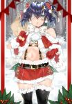  1girl :o absurdres ahoge alternate_costume bangs bare_shoulders black_legwear blue_eyes blue_hair bow capelet christmas chuunibyou_demo_koi_ga_shitai! commentary cute eyepatch fur_trim gloves hair_between_eyes hair_bow hair_ornament hair_ribbon highres holding kanniepan kyoto_animation large_bow looking_at_viewer navel one_side_up open_mouth red_bow red_capelet red_gloves red_skirt ribbon santa_costume short_hair skirt snow solo star star_hair_ornament takanashi_rikka thigh-highs white_bow 