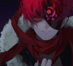  1boy black_nails earrings eyepatch face fishissnack fur_trim jewelry male_focus original parted_lips purple_background red_eyes red_scarf redhead scar scar_across_eye scarf simple_background slit_pupils smile solo 