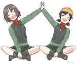  2girls :d alina_(girls_und_panzer) bangs black_footwear black_skirt black_vest boots brown_hair brown_headwear closed_eyes commentary ei_(akinosakae) facing_viewer fur_hat girls_und_panzer green_jacket hat holding_hands indian_style insignia jacket long_sleeves military military_uniform miniskirt multiple_girls nina_(girls_und_panzer) open_mouth pleated_skirt pravda_military_uniform red_shirt shirt short_hair short_twintails simple_background sitting skirt smile symmetrical_hand_pose turtleneck twintails twitter_username uniform ushanka vest white_background 