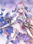  1girl absurdres arcaea blue_butterfly bow brown_eyes bug butterfly check_character dutch_angle flower highres hikari_(arcaea) insect lesyef103 long_hair long_sleeves looking_at_viewer outdoors puffy_long_sleeves puffy_sleeves red_bow skirt smile standing thigh-highs white_hair white_legwear white_skirt 