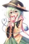  1girl absurdres artist_name bangs black_headwear blush bow commentary cowboy_shot crepe eyebrows_visible_through_hair food frilled_shirt_collar frills fruit green_eyes green_hair green_skirt hair_between_eyes hat hat_bow heart heart_of_string highres holding holding_food komeiji_koishi long_sleeves looking_at_viewer open_mouth pink_scarf pudding_(skymint_028) scarf shirt short_hair signature simple_background skirt solo standing strawberry third_eye touhou white_background wide_sleeves yellow_bow yellow_shirt 