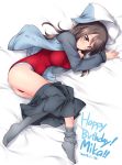  1girl ass bed birthday blush breasts brown_eyes brown_hair closed_mouth dated girls_und_panzer grey_skirt happy_birthday hat highres jacket keizoku_military_uniform kuzuryuu_kennosuke large_breasts leotard long_hair looking_at_viewer lying mika_(girls_und_panzer) on_bed on_side open_clothes open_jacket red_leotard shiny shiny_hair shiny_skin skirt skirt_pull smile solo striped_hat 