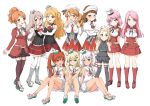  6+girls anchor aquila_(kantai_collection) armpit_cutout bare_shoulders black_skirt blonde_hair blue_eyes blush boots bottle bow braid breasts brown_eyes brown_hair capelet closed_mouth corset detached_sleeves dress eyebrows_visible_through_hair french_braid garter_straps giuseppe_garibaldi_(kantai_collection) glasses grecale_(kantai_collection) green_eyes green_ribbon grey_hair hair_between_eyes hair_bow hair_ornament hair_ribbon hairband hairclip hat headdress high_ponytail highres italia_(kantai_collection) jacket kantai_collection large_breasts layered_skirt libeccio_(kantai_collection) littorio_(kantai_collection) long_hair long_sleeves looking_at_viewer luigi_di_savoia_duca_degli_abruzzi_(kantai_collection) luigi_torelli_(kantai_collection) maestrale_(kantai_collection) medium_breasts medium_hair mini_hat miniskirt multiple_girls necktie one-piece_swimsuit open_mouth orange_hair panties pince-nez pink_eyes pink_hair pleated_skirt pola_(kantai_collection) red_footwear red_shirt red_skirt remodel_(kantai_collection) ribbon roma_(kantai_collection) sailor_collar sailor_dress school_swimsuit shirt short_hair short_sleeves sidelocks silver_hair simple_background skirt sleeveless sleeveless_dress sleeveless_shirt smile standing striped striped_neckwear swimsuit thigh-highs twintails underwear wavy_hair white_background white_dress white_hairband white_headwear white_legwear white_ribbon white_sailor_collar white_shirt wine_bottle yellow_eyes yuuki_kazuhito zara_(kantai_collection) 