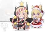  0w0 :3 alternate_costume artist_name azur_lane background_text bangs black_footwear black_jacket black_legwear black_scarf black_skirt blonde_hair blush boots christmas_ornaments closed_mouth commentary doll dress english_commentary girls_frontline hat headgear highres jacket kreuzer_00 long_hair long_sleeves looking_at_viewer m4_sopmod_ii_jr multicolored multicolored_clothes multicolored_hair multicolored_scarf open_mouth red_dress red_headwear redhead ribbon santa_costume santa_hat scarf short_hair_with_long_locks simple_background skirt smile smug stance standing star thigh-highs very_long_hair violet_eyes warspite_(azur_lane) white_background white_eyes white_scarf 