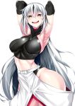  1girl :d absurdres armpits arms_behind_head black_hair criss-cross_halter elbow_gloves fate/grand_order fate_(series) gloves halterneck highres hip_vent japanese_clothes long_hair midriff multicolored_hair nagao_kagetora_(fate) open_mouth simple_background smile solo two-tone_hair very_long_hair watosu_(watosu_mama) white_background white_hair yellow_eyes 