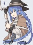 1girl bangs black_headwear black_ribbon blue_eyes blue_hair braid brown_cape brown_capelet cape commentary_request crossed_bangs eyebrows_visible_through_hair from_side grey_background hair_between_eyes hair_ribbon hands_up hat holding holding_staff long_hair long_sleeves mushoku_tensei open_mouth ribbon roxy_migurdia shiseki_hirame simple_background solo staff twin_braids upper_body weapon white_jacket witch_hat