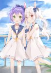  2girls alternate_costume animal_ears azur_lane bangs bare_legs bare_shoulders blue_sailor_collar blue_sky blush closed_mouth clouds collarbone day dress emomi eyebrows_visible_through_hair fake_animal_ears green_eyes hair_between_eyes hair_ribbon highres javelin_(azur_lane) laffey_(azur_lane) long_hair looking_at_viewer multiple_girls neckerchief ocean open_mouth outdoors purple_hair purple_ribbon rabbit_ears railing red_eyes ribbon sailor_collar short_hair sidelocks silver_hair sky sleeveless smile standing standing_on_one_leg sundress sunlight white_dress wrist_cuffs yellow_neckwear 