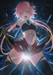  1boy :d astolfo_(saber)_(fate) bare_shoulders blush bow elbow_gloves fate/grand_order fate_(series) gloves glowing hair_bow highres imizu_(nitro_unknown) long_hair midriff navel necktie open_mouth otoko_no_ko pink_hair skindentation skirt skirt_lift smile solo strapless thigh-highs thighs tubetop twintails violet_eyes zettai_ryouiki 