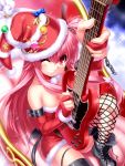  1girl alternate_costume angel_beats! chain choker christmas cross-laced_footwear demon_tail dress elbow_gloves electric_guitar foreshortening fur-trimmed_dress fur_trim gloves grin guitar hair_ribbon hat highres instrument long_hair looking_at_viewer partly_fingerless_gloves perspective pink_eyes pink_hair red_dress red_gloves red_headwear ribbon sack santa_hat sitting sleigh smile solo strapless strapless_dress tail thigh-highs two_side_up yui_(angel_beats!) zen 