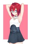  1girl absurdres ange_katrina armpits arms_behind_head arms_up bespectacled black-framed_eyewear black_skirt blue_eyes blush breasts closed_mouth eyebrows_visible_through_hair glasses highres looking_at_viewer nakiri_hout nijisanji redhead semi-rimless_eyewear short_hair skirt sleeveless small_breasts smile solo under-rim_eyewear virtual_youtuber 