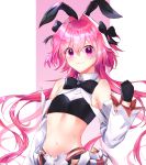  1boy absurdres artist_name astolfo_(saber)_(fate) bangs bare_shoulders black_bow black_gloves black_ribbon blush bow bowtie bunny_hair_ornament commentary_request eyebrows_visible_through_hair fang fate/grand_order fate_(series) gloves hair_between_eyes hair_bow hair_intakes hair_ornament hair_ribbon highres long_hair long_sleeves looking_at_viewer multicolored_hair navel otoko_no_ko pink_hair ribbon skin_fang smile solo streaked_hair twintails upper_body violet_eyes white_hair yeoru 