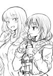  2girls bangs black_hair blonde_hair blush breasts coat eyebrows_visible_through_hair highres katou_asuka large_breasts long_hair multiple_girls osumoto1 scarf simple_background tamura_yuri watashi_ga_motenai_no_wa_dou_kangaetemo_omaera_ga_warui! winter_clothes winter_coat 