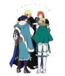  1girl 3boys 9jsleep armor black_hair blonde_hair brown_gloves cape dimitri_alexandre_blaiddyd eyepatch felix_hugo_fraldarius fire_emblem fire_emblem:_three_houses from_behind fur_trim gloves green_cape highres ingrid_brandl_galatea long_sleeves looking_to_the_side multiple_boys open_mouth redhead scabbard sheath sheathed short_hair simple_background sword sylvain_jose_gautier weapon white_background 