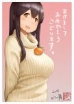  1girl akagi_(kantai_collection) bangs blush breasts brown_eyes brown_hair dated eyebrows_visible_through_hair food fruit happy_new_year highres kakinomai kantai_collection long_hair long_sleeves new_year object_on_breast open_mouth orange pink_background sidelocks signature simple_background solo sweater translated 