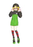  1girl absurdres ahoge arms_up asymmetrical_legwear backwards_hat baseball_cap black_footwear black_headwear black_jacket black_legwear blonde_hair blue_eyes blush drawstring eyebrows_visible_through_hair full_body glasses green_jacket hat highres jacket kneehighs long_sleeves looking_at_viewer multicolored multicolored_clothes multicolored_jacket nakiri_hout original parted_lips platform_boots platform_footwear red-framed_eyewear red_legwear short_hair smile solo striped striped_legwear teeth transparent_background 