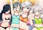  4girls :d ;d ahoge akishimo_(kantai_collection) arm_up asashimo_(kantai_collection) asymmetrical_bangs asymmetrical_hair bangs black_hair blush breasts crossed_arms gradient_hair grey_eyes grey_hair grin hair_between_eyes hair_over_one_eye hair_ribbon hand_up hayashimo_(kantai_collection) highres kantai_collection kiyoshimo_(kantai_collection) kusaka_souji long_hair looking_at_viewer low_twintails multicolored_hair multiple_girls navel one_eye_closed open_mouth ponytail ribbon sharp_teeth silver_hair small_breasts smile stomach teeth twintails very_long_hair 