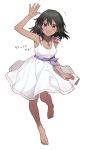  1girl barefoot black_hair dark_skin dress full_body highres idolmaster idolmaster_cinderella_girls jewelry medium_hair mo_(mokatampe) natalia_(idolmaster) necklace open_mouth sleeveless sleeveless_dress smile solo sundress violet_eyes waving white_background white_dress 