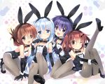  4girls akatsuki_(kantai_collection) animal_ears black_footwear black_gloves black_legwear blue_eyes bow bowtie breasts brown_eyes brown_hair bunny_tail bunnysuit commentary_request detached_collar elbow_gloves folded_ponytail gloves hair_between_eyes hibiki_(kantai_collection) highres hizuki_yayoi ikazuchi_(kantai_collection) inazuma_(kantai_collection) kantai_collection long_hair looking_at_viewer multicolored multicolored_background multiple_girls one_eye_closed open_mouth pantyhose purple_hair rabbit_ears short_hair silver_hair sitting small_breasts smile tail violet_eyes wrist_cuffs 
