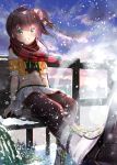  1girl absurdres ahoge bench blurry blurry_background boots brown_hair commentary_request fence hair_ornament highres hololive looking_at_viewer midriff natsuiro_matsuri navel pantyhose plant scarf side_ponytail sky snowing solo toratora_(nanahaba) virtual_youtuber 