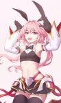 1boy astolfo_(saber)_(fate) bangs bare_shoulders black_bow black_gloves black_legwear black_ribbon black_skirt blush bow bowtie commentary_request detached_sleeves fang fate/grand_order fate_(series) gloves hair_bow hair_intakes hair_ribbon highres ling_huanxiang long_hair long_sleeves looking_at_viewer multicolored_hair otoko_no_ko pink_hair ribbon simple_background skin_fang skirt smile solo streaked_hair thigh-highs twintails violet_eyes white_background white_hair 
