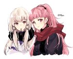  2girls alternate_costume black_scarf closed_mouth earrings fire_emblem fire_emblem:_three_houses food hair_ornament hilda_valentine_goneril jewelry long_hair lysithea_von_ordelia multiple_girls naho_(pi988y) pink_eyes pink_hair pocky ponytail red_scarf scarf simple_background smile twitter_username upper_body white_background white_hair 