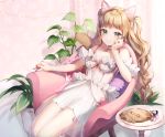  1girl animal_ear_fluff animal_ears armchair bangs blonde_hair blush bow breasts cable cat_ears cat_girl chair cushion dress earring_removed feet_out_of_frame frills green_eyes halterneck hand_on_own_cheek head_rest jewelry jewelry_removed long_hair looking_at_viewer medium_breasts momoshiki_tsubaki nail_polish nail_polish_bottle original pillar pink_bow pink_nails plant plate potted_plant see-through sitting smile solo table two_side_up wallpaper_(object) wavy_hair whiskers white_dress 