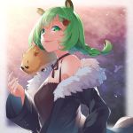  1girl animal animal_ears animal_on_shoulder animare bangs bare_shoulders bear_ears bear_hair_ornament black_choker black_dress black_jacket black_ribbon boar braid breasts choker dress eyebrows_visible_through_hair fur-trimmed_jacket fur_trim green_eyes green_hair hair_ornament hairclip highres hinokuma_ran jacket kokka_han long_hair long_sleeves looking_at_viewer off_shoulder open_clothes open_jacket parted_lips ribbon ribbon_choker sleeveless sleeveless_dress small_breasts smile solo upper_body virtual_youtuber wide_sleeves 