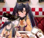  1girl ? animal_ears black_hair blush cat_ears cellphone cellphone_picture eating face_filter fast_food food food_on_face french_fries hamburger long_hair looking_at_viewer original phone pov pov_across_table restaurant solo_focus soya_(torga) spoken_question_mark yellow_eyes 