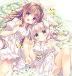  2girls :o animal animal_ears bangs bare_arms bare_shoulders blush bow braid breasts brown_hair bug butterfly center_frills collarbone commentary_request detached_sleeves dress eyebrows_visible_through_hair feet_out_of_frame field flower flower_field frills green_eyes grey_hair hair_between_eyes hair_ribbon insect knees_up long_hair lying medium_breasts multiple_girls on_back original parted_lips puffy_short_sleeves puffy_sleeves rabbit_ears red_eyes red_ribbon ribbon short_sleeves small_breasts very_long_hair white_bow white_dress white_flower white_ribbon white_sleeves yukie_(peach_candy) 