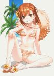  1girl absurdres bikini blush breasts brown_eyes brown_hair flower hair_flower hair_ornament hat highres looking_at_viewer misaka_mikoto navel raika9 scan short_hair sitting small_breasts smile solo straw_hat swimsuit to_aru_kagaku_no_railgun to_aru_majutsu_no_index 