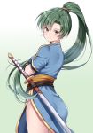  1girl ass bangs blue_dress breasts commentary_request cowboy_shot dress earrings eyebrows_visible_through_hair fire_emblem fire_emblem:_the_blazing_blade from_behind gradient gradient_background green_background green_eyes green_hair high_ponytail jewelry jiino katana long_hair looking_at_viewer looking_back lyn_(fire_emblem) medium_breasts orange_sash ponytail sash scabbard sheath sheathed short_sleeves side_slit smile solo standing sword thighs very_long_hair weapon white_background 