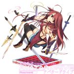 1girl ahoge bangs belt black_footwear black_legwear blue_shorts breasts brown_belt brown_eyes butt_crack closed_mouth commentary_request copyright_name elbow_gloves gloves holding holding_knife holding_weapon knife kousoku_kidou_avatar_drive long_hair looking_at_viewer official_art okutomi_fumi redhead shorts solo sword weapon white_background 