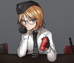  1girl blonde_hair commentary_request girls_frontline glasses gloves hat jacket jacket_removed korean_commentary korean_text leeb3397 military military_hat military_uniform mp40_(girls_frontline) necktie solo tin_can translation_request uniform wehrmacht 