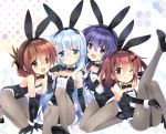  4girls akatsuki_(kantai_collection) animal_ears black_footwear black_gloves black_legwear blue_eyes bow bowtie breasts brown_eyes brown_hair bunny_tail bunnysuit commentary_request detached_collar elbow_gloves folded_ponytail gloves hair_between_eyes hibiki_(kantai_collection) highres hizuki_yayoi ikazuchi_(kantai_collection) inazuma_(kantai_collection) kantai_collection long_hair looking_at_viewer multicolored multicolored_background multiple_girls one_eye_closed open_mouth pantyhose purple_hair rabbit_ears short_hair silver_hair sitting small_breasts smile tail violet_eyes wrist_cuffs 