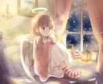 1girl angel angel_wings bangs blue_eyes book book_stack brown_hair candle commentary_request cup curtains dress expressionless eyebrows_visible_through_hair feathered_wings feathers halo headboard highres holding holding_cup hoshiibara_mato indoors knees_to_chest lantern light_particles looking_to_the_side medium_hair night on_bed original painting_(object) picture_(object) picture_frame pillow pink_robe rabbit sconce sitting snowing socks solo steam striped striped_legwear white_dress window wings 