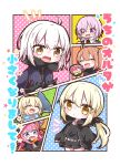 6+girls :d absurdres ahoge artoria_pendragon_(all) bangs black_capelet black_dress black_headwear black_jacket black_ribbon black_shirt black_shorts blonde_hair braid brown_eyes capelet chibi commentary_request diagonal_stripes dress elizabeth_bathory_(brave)_(fate) elizabeth_bathory_(fate)_(all) eyebrows_visible_through_hair eyes_visible_through_hair fate/grand_order fate_(series) fujimaru_ritsuka_(female) fur-trimmed_jacket fur-trimmed_sleeves fur_trim glasses hair_between_eyes hair_over_one_eye hair_ribbon highres hood hood_down hooded_jacket jacket jako_(jakoo21) jeanne_d&#039;arc_(alter)_(fate) jeanne_d&#039;arc_(fate)_(all) jeanne_d&#039;arc_(swimsuit_archer) long_hair long_sleeves low_ponytail mash_kyrielight multicolored_capelet multiple_girls notice_lines open_clothes open_jacket open_mouth orange_capelet pink_hair pointy_ears polka_dot ponytail purple_jacket ribbon saber_alter saber_alter_costume_ver._shinjuku_1999 shirt short_shorts shorts sleeves_past_wrists smile sparkle striped very_long_hair violet_eyes white_hair wicked_dragon_witch_ver._shinjuku_1999
