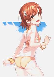  1girl absurdres ass bikini blush bracelet breasts brown_eyes brown_hair flower from_behind hair_flower hair_ornament highres jewelry looking_at_viewer misaka_mikoto open_mouth orange_bikini raika9 scan scrunchie see-through short_hair small_breasts smile solo swimsuit to_aru_kagaku_no_railgun to_aru_majutsu_no_index wrist_scrunchie 