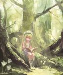  1girl bangs blush book boots dated day dress elf flower forest green_hair hair_between_eyes head_wreath highres holding holding_book long_hair nagasawa_tougo nature original outdoors pointy_ears red_eyes sidelocks sitting smile solo tree twitter_username white_dress white_flower 