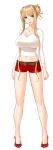  belt blonde_hair blue_eyes eyebrows_visible_through_hair full_body high_heels huge_breasts long_hair long_legs midriff necklace red_shoes red_shorts short_shorts white_background white_shirt 