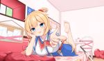  1girl absurdres akai_haato anhun arm_support bangs bare_legs barefoot bedroom blonde_hair blue_eyes blue_skirt blurry breasts chair collared_shirt curtains depth_of_field finger_gun foreshortening haaton_(haato_channel) hair_ornament hair_ribbon hair_scrunchie head_tilt heart heart_in_eye heart_pillow heart_print high-waist_skirt highres hololive indoors katana large_breasts long_hair looking_at_viewer low_twintails lying neck_ribbon on_bed on_stomach one_side_up open_mouth pillow pointing pointing_at_viewer pov red_ribbon ribbon scrunchie shirt sidelocks skirt smile soles solo stuffed_animal stuffed_toy sword symbol_commentary symbol_in_eye table teapot the_pose twintails upper_teeth virtual_youtuber weapon white_shirt window 