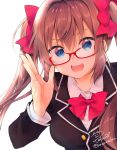  1girl :d bangs black_jacket blazer blue_eyes bow bowtie brown_hair collared_shirt commentary_request glasses hair_bow highres hime_(peke_(xoxopeke)) jacket long_hair long_sleeves looking_at_viewer open_mouth original peke_(xoxopeke) red-framed_eyewear red_bow red_neckwear school_uniform shirt sidelocks signature simple_background smile solo twintails twitter_username upper_body white_background 